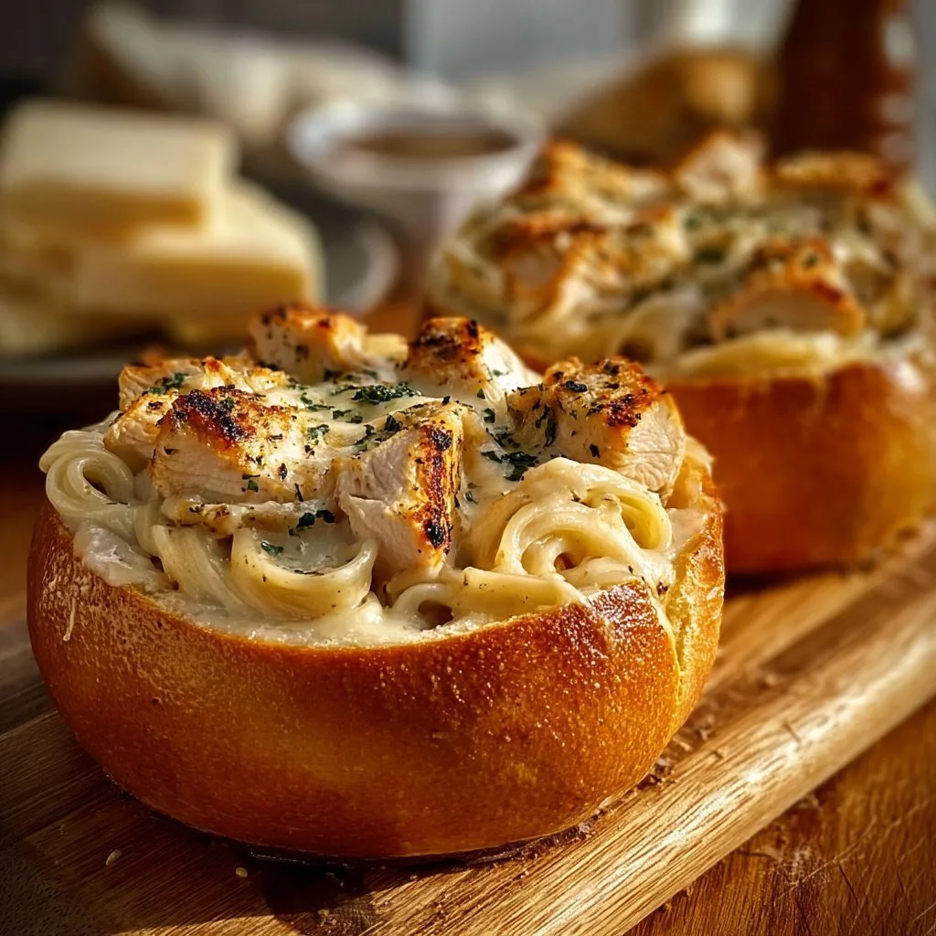 Chicken Alfredo Garlic Bread Bowls