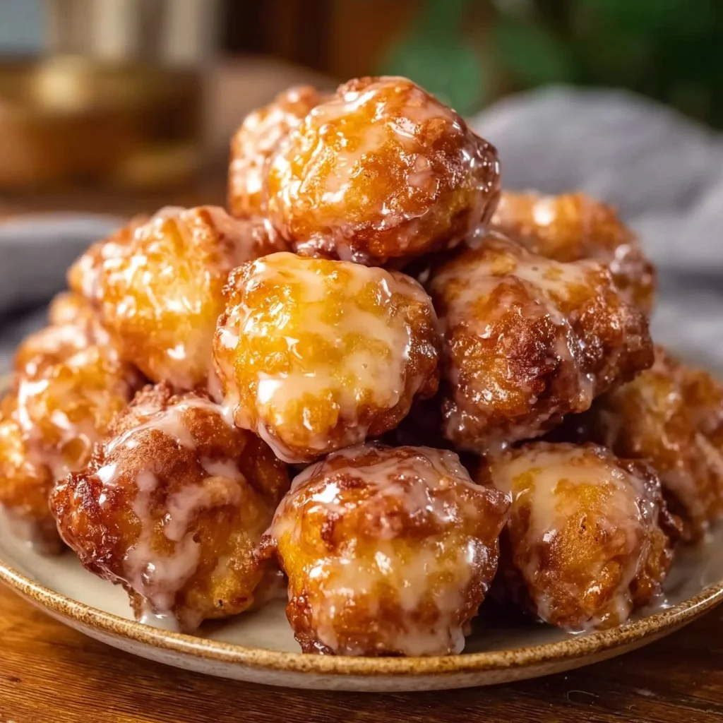 Delicious apple fritter bites served on a rustic plate with fresh apples.