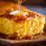 Delicious sweet and moist homemade cornbread on a wooden table