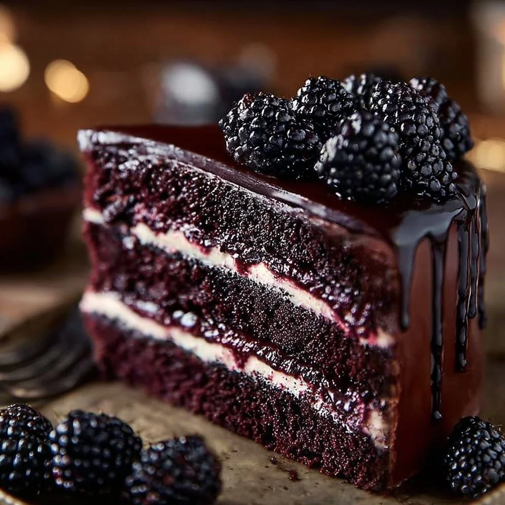 Gothic Blackberry Velvet Cake with dark frosting and blackberry decorations