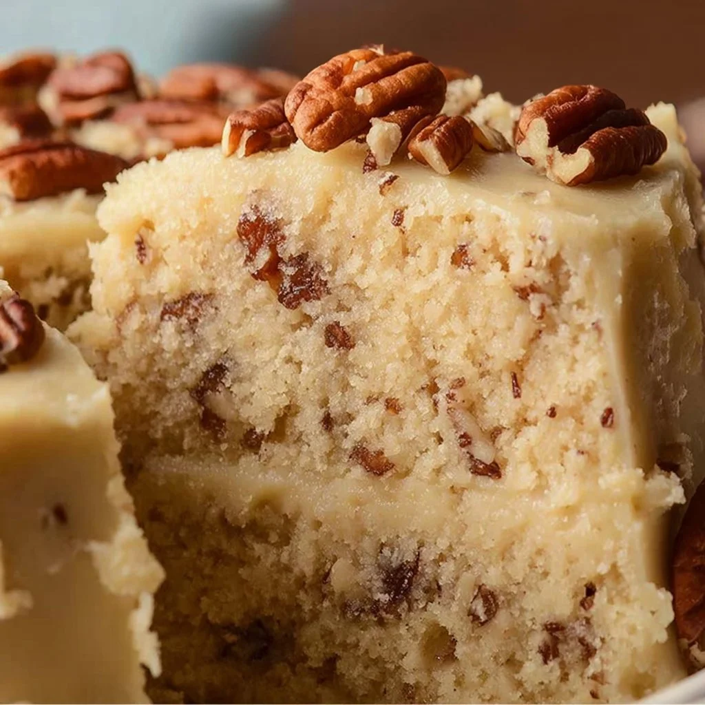 Deliciously moist Butter Pecan Cake with chopped pecans on top