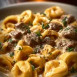 Cheesesteak Tortellini in creamy provolone sauce with garnishes