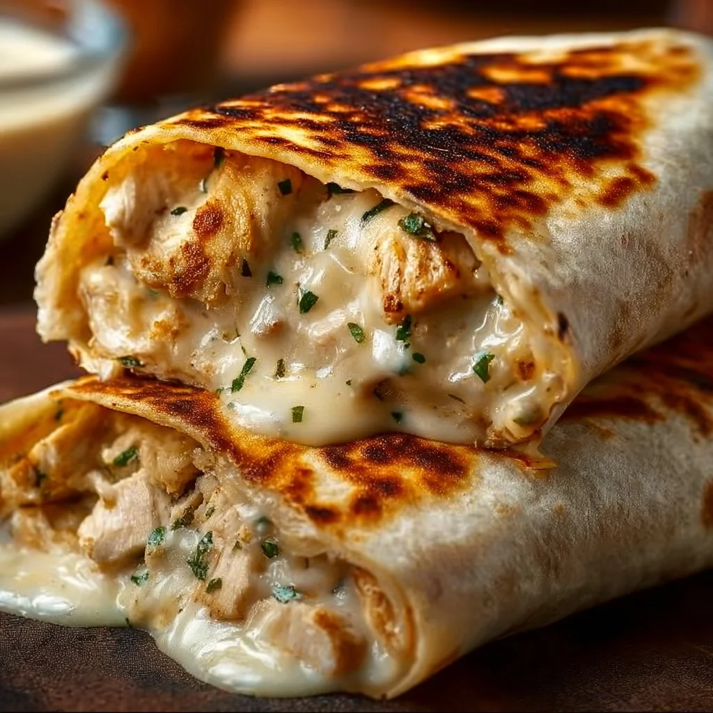 Delicious cheesy chicken garlic wraps on a plate