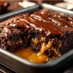 Delicious chocolate caramel dump cake served in a baking dish