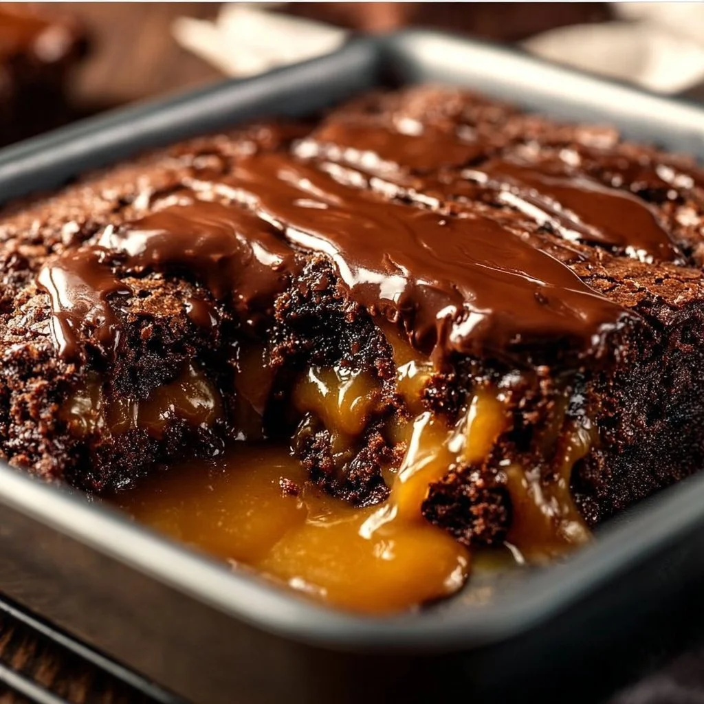 Rich slice of Chocolate Caramel Dump Cake topped with chocolate and caramel drizzle.