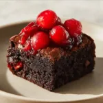 Decadent Chocolate Cherry Cake topped with cherries and chocolate frosting.