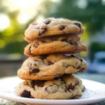 Freshly baked chocolate chip cookies on a baking sheet