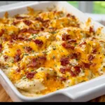 Delicious Crack Chicken Pierogi Casserole served in a baking dish