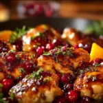 Delicious cranberry orange chicken dish garnished with fresh herbs