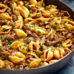 Creamy beef and shells dish showcasing rich flavors and creamy sauce.