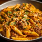 Creamy beef pasta dish with herbs and garnish