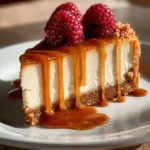 Delicious Gingerbread Cheesecake topped with Caramel sauce on a white plate.