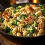 Creamy rotisserie chicken broccoli pasta dish garnished with fresh herbs