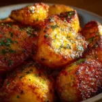 Crispy Parmesan Potatoes served in a bowl, garnished with herbs