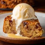 Homemade Date Cake served on a plate, garnished with nuts and drizzled with caramel.