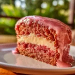 Delicious strawberry honeybun cake with creamy icing on a decorative plate