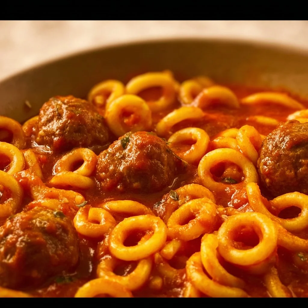 A bowl of easy homemade Spaghetti O's with meatballs, ready to serve.