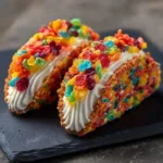 Fruity Pebbles cheesecake tacos served on a colorful plate