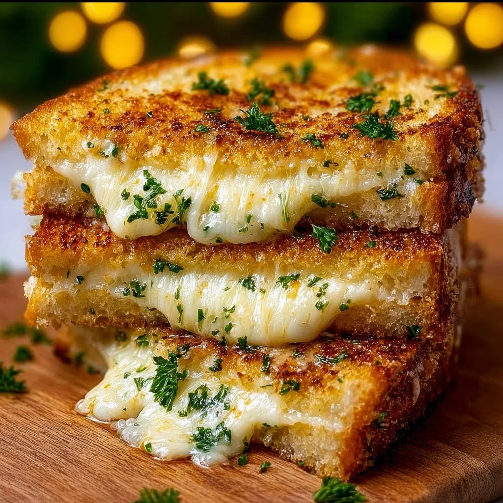 Delicious garlic bread grilled cheese sandwich with melted cheese