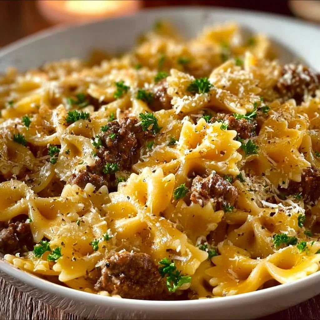 Delicious Garlic Butter Beef served with cheesy bowtie pasta in a creamy sauce