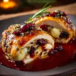 Delicious cranberry brie stuffed chicken ready to be served.
