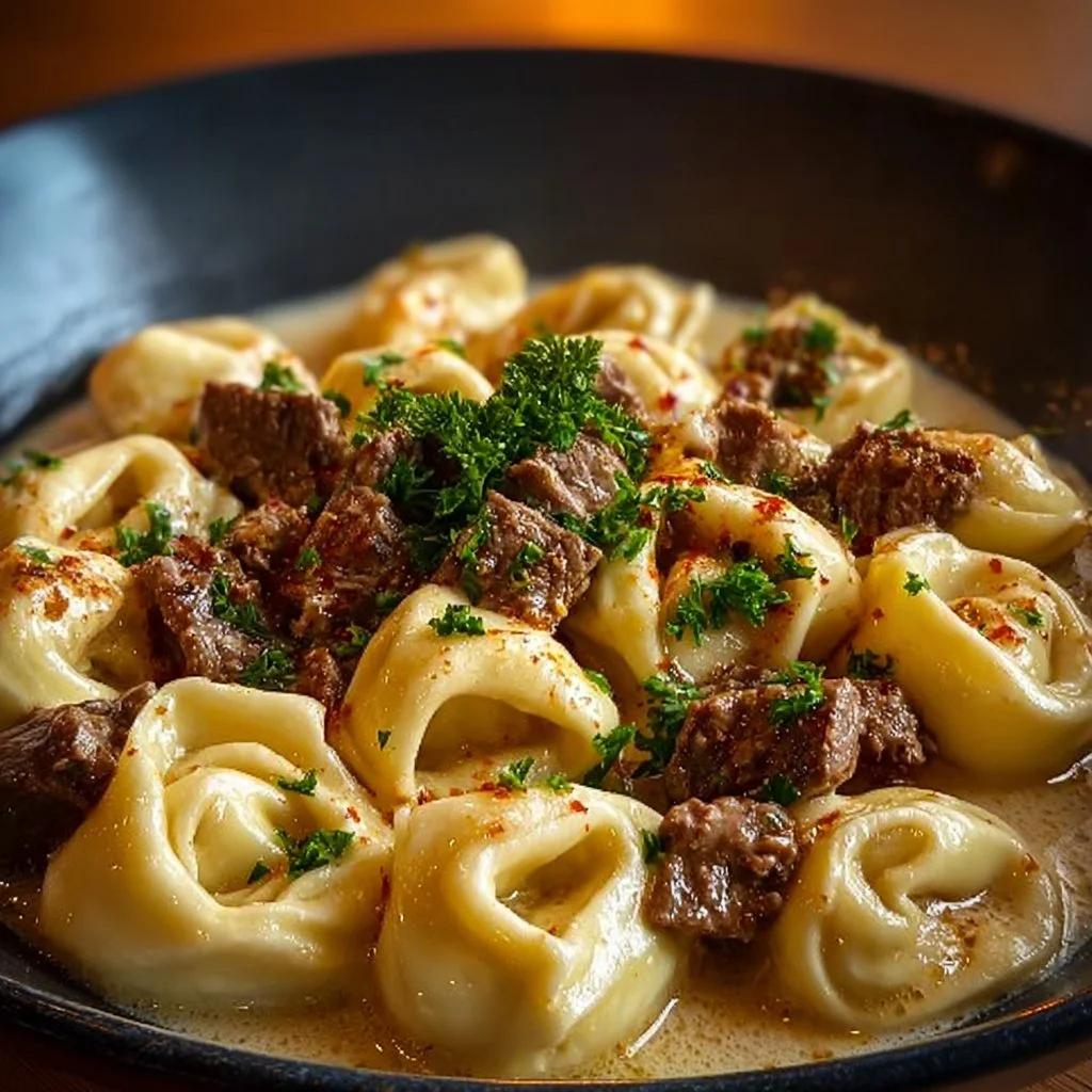 Creamy cheesesteak tortellini in provolone sauce with garnishes