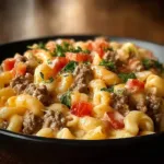 Delicious Loaded Cheeseburger Alfredo Pasta topped with cheese and herbs