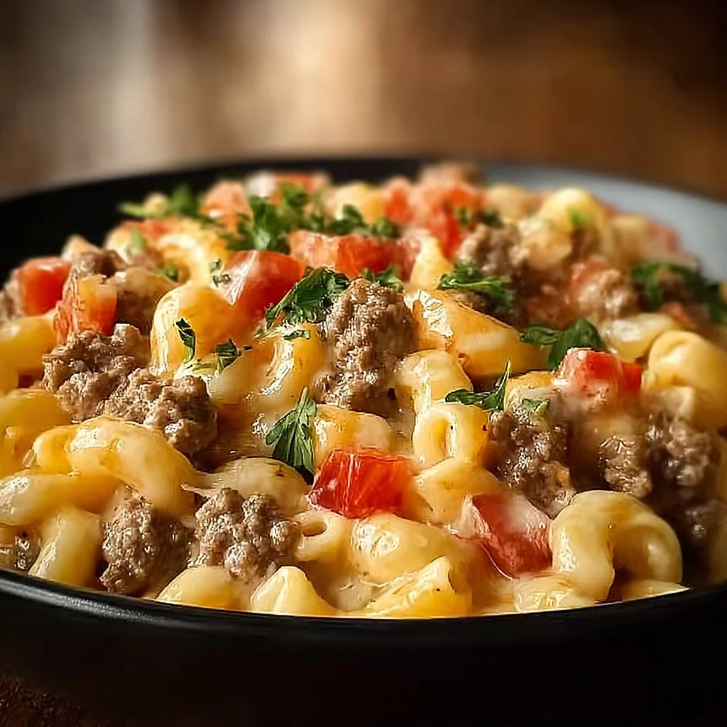 Delicious Loaded Cheeseburger Alfredo Pasta topped with cheese and herbs