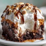 Marshmallow Chocolate Poke Cake topped with fluffy marshmallows and chocolate.