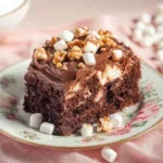 Delicious slice of Mississippi Mud Cake topped with chocolate and nuts