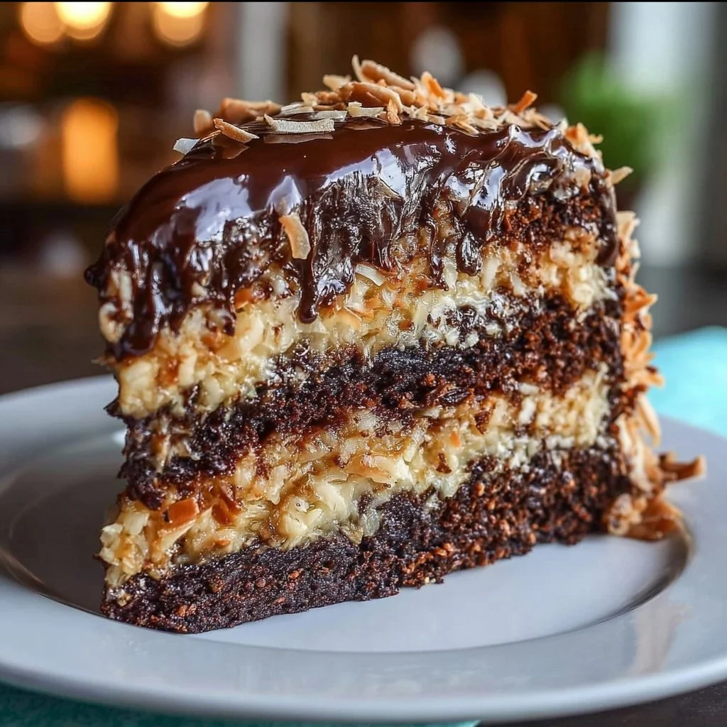Moist German Chocolate Cake with rich chocolate and coconut frosting