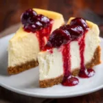 Slice of creamy cheesecake on a plate with fresh berries