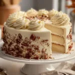 A slice of quick Italian Cream Cake topped with cream and nuts