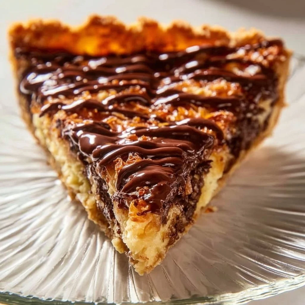 Samoas Cookie Pie topped with caramel and coconut, inspired by the classic Samoas cookie.