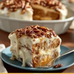 Delicious Texas Tornado Cake topped with cream cheese frosting and pecans.