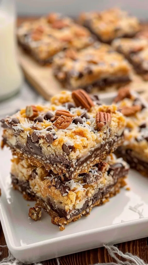 Delicious 7 Layer Bars with chocolate, coconut, and nuts layered together.