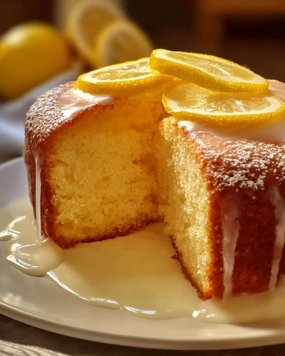 Delicious lemon cake decorated with fresh lemons and icing.
