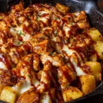 BBQ chicken and potato skillet cooked in a cast-iron pan