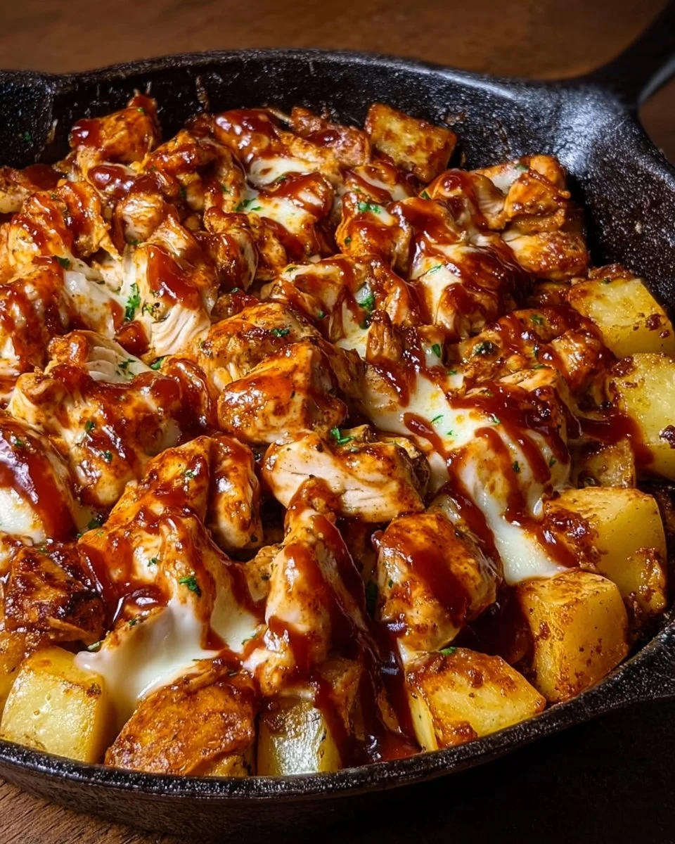 BBQ chicken and potato skillet cooked in a cast-iron pan