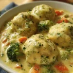 Creamy Broccoli Cheddar Chicken and Dumplings in a bowl