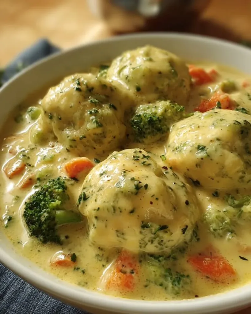 Creamy Broccoli Cheddar Chicken and Dumplings in a bowl