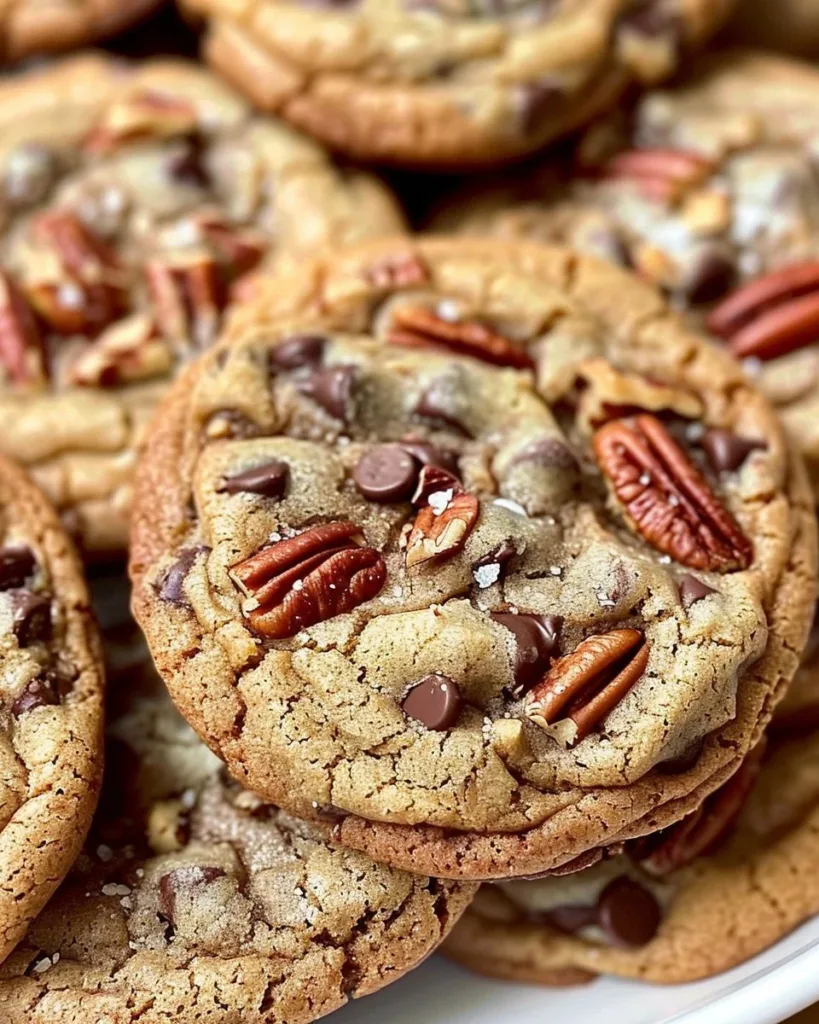 Browned butter pecan chocolate chip cookies on a baking sheet