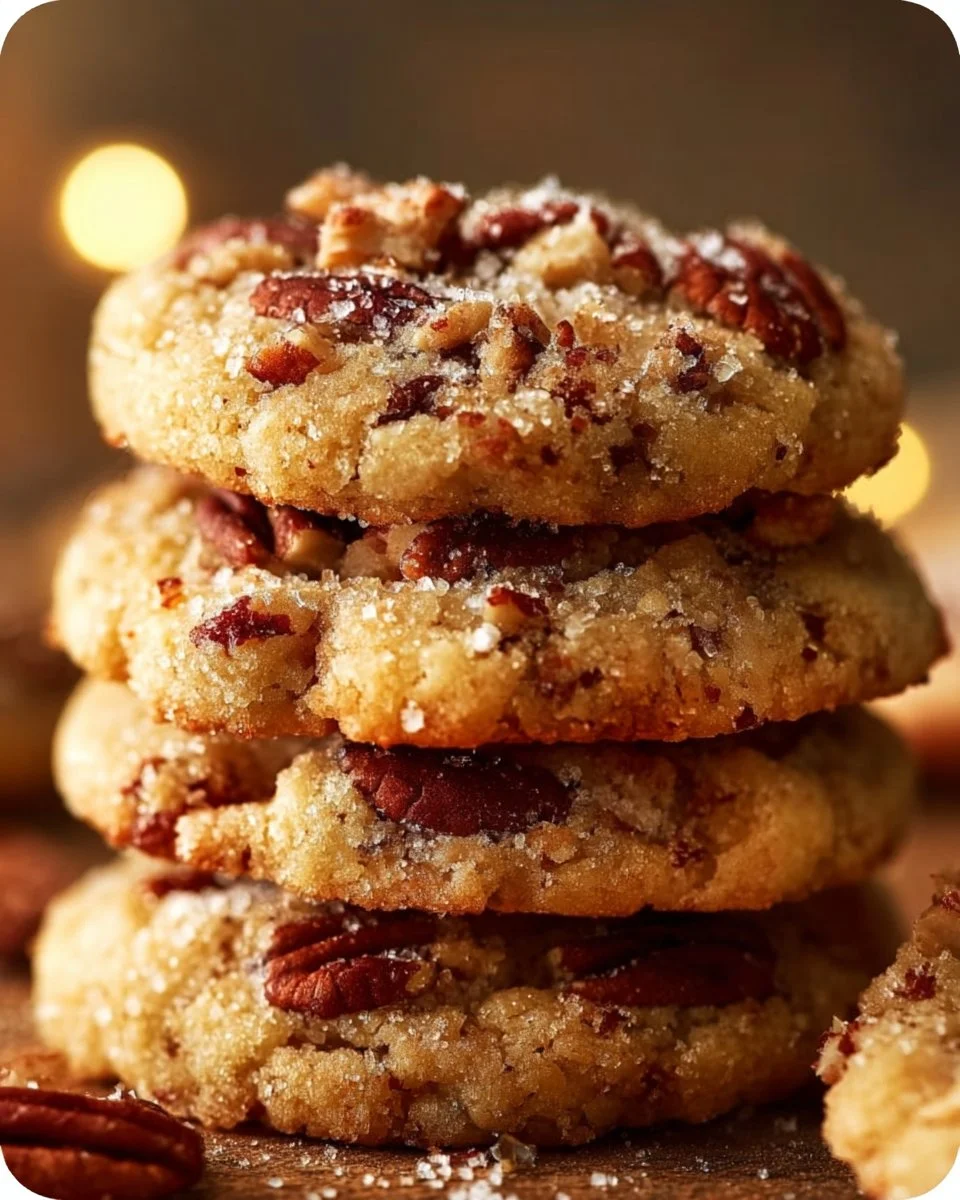 Delicious Butter Pecan Cookies on a baking tray with a sprinkle of pecans.