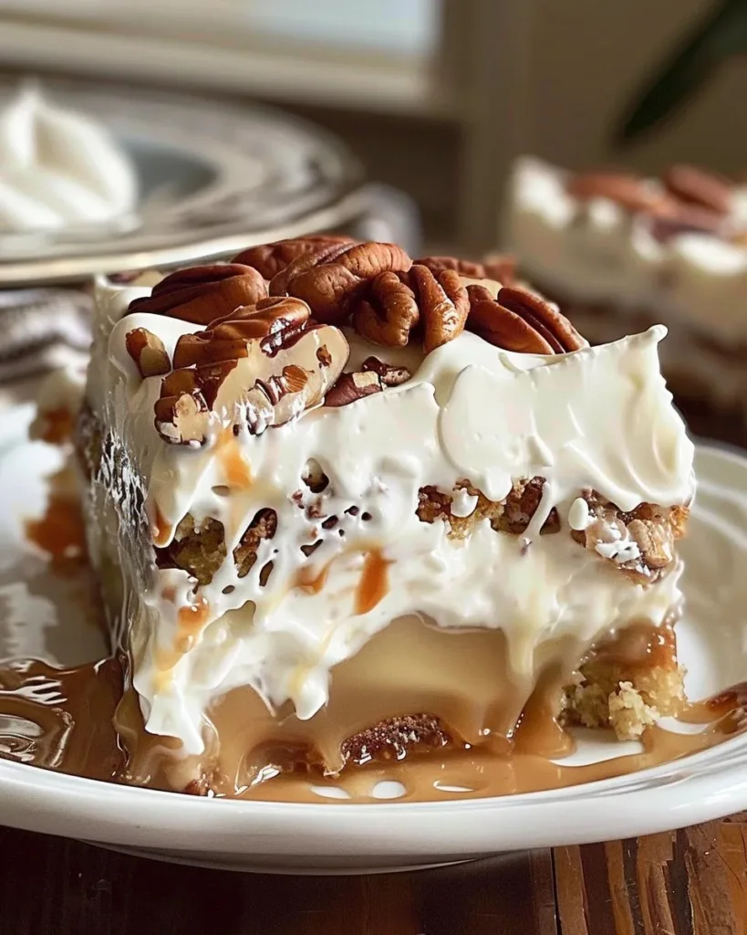Delicious Butter Pecan Poke Cake topped with pecans and creamy filling