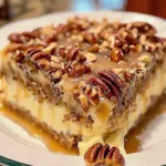 Delicious butter pecan praline poke cake topped with pecans and caramel sauce