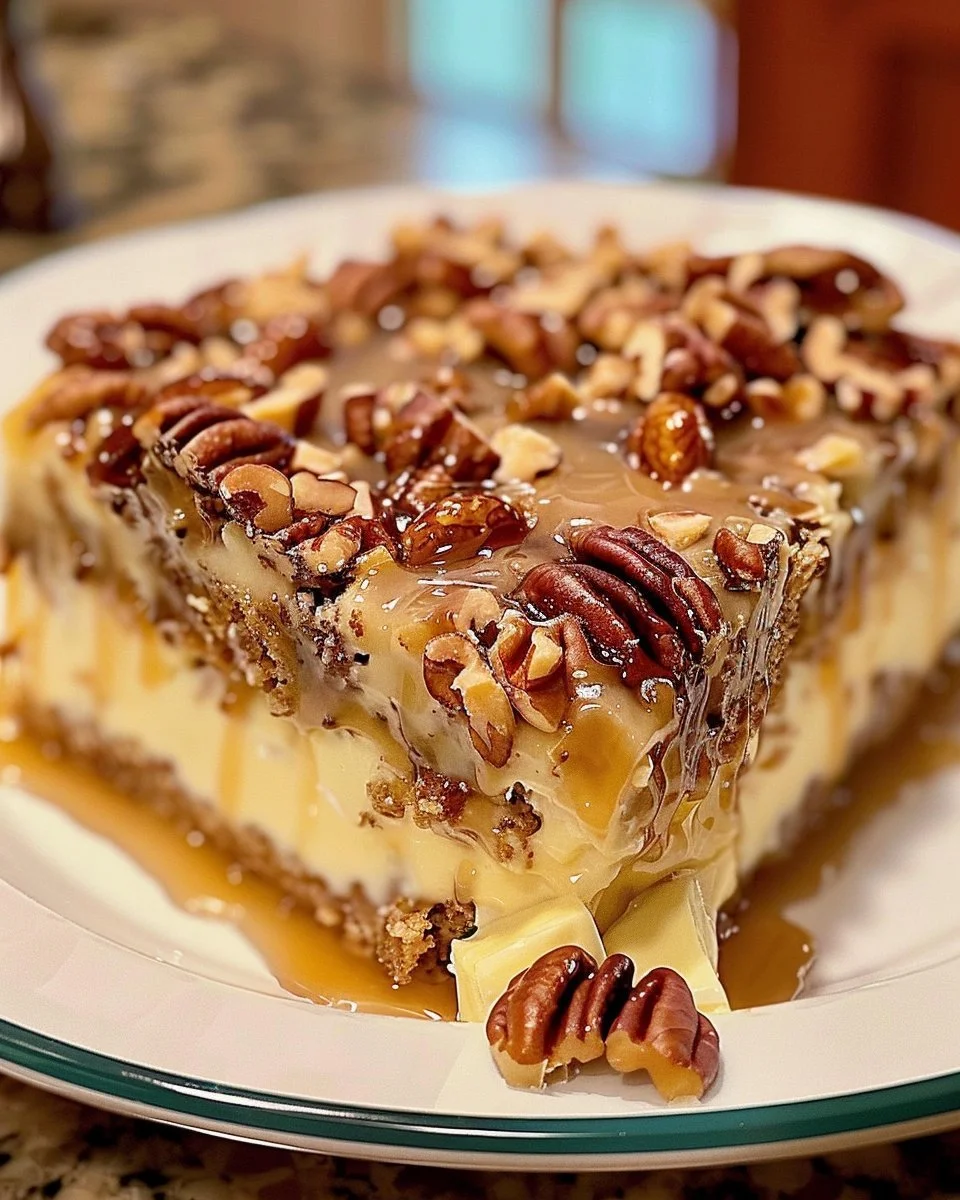 Delicious butter pecan praline poke cake topped with pecans and caramel sauce