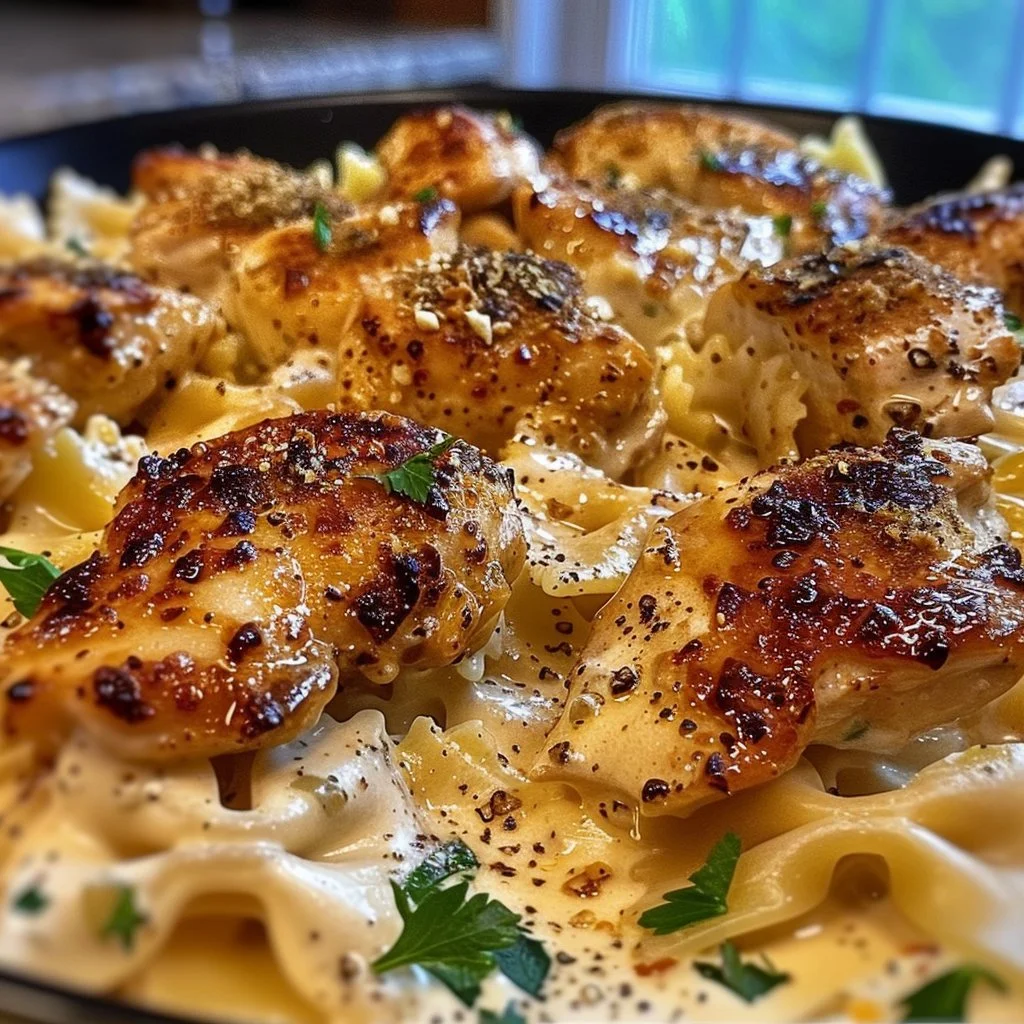 Cajun Garlic Parmesan Chicken Bowtie Pasta with Three-Cheese Alfredo Sauce