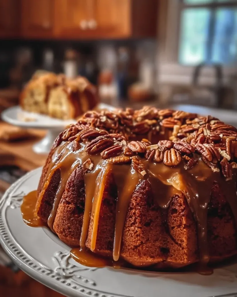 Delicious Caramel Pecan Bundt Cake topped with caramel and pecans