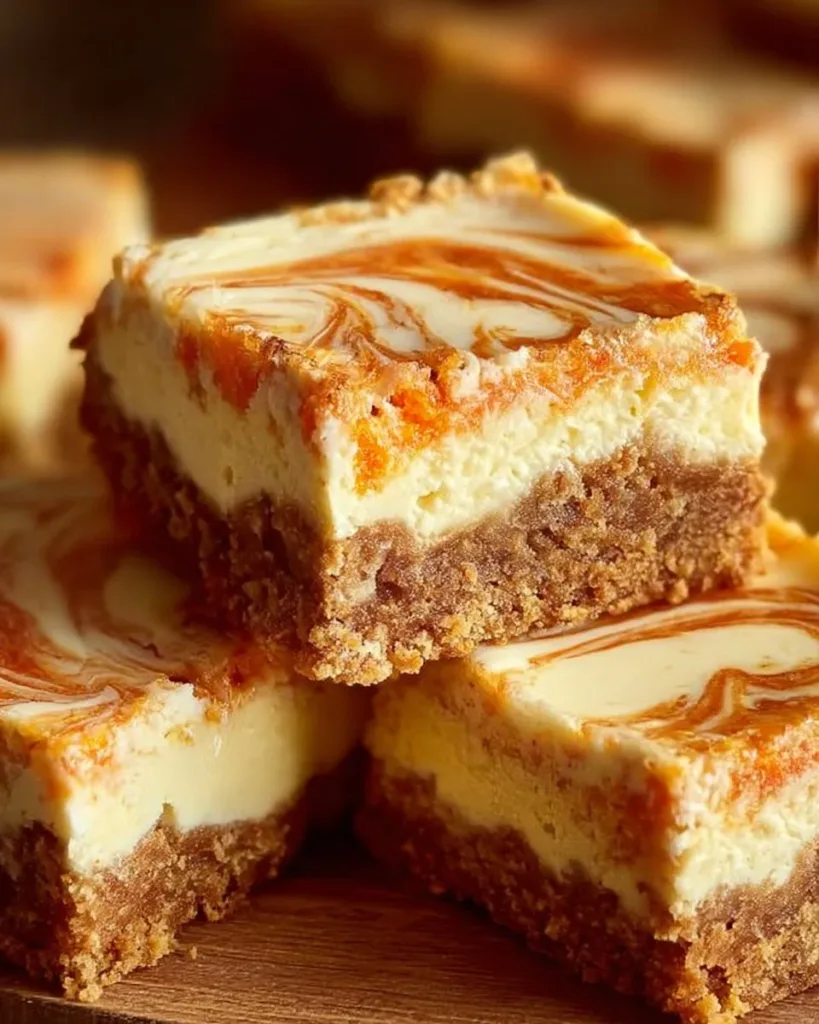 Carrot Cake Bars with Cheesecake Swirl served on a plate