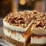 Slice of carrot cake cheesecake topped with cream cheese frosting and walnuts